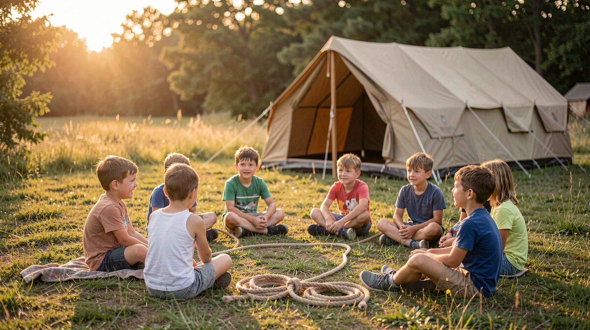 Eine Gruppe von Kindern sitzt im Kreis auf einer Wiese vor einem Zeltlager, ein Seil liegt zwischen ihnen auf dem Boden, warmes Abendlicht von links, mittlere Totale aus Augenhöhe.